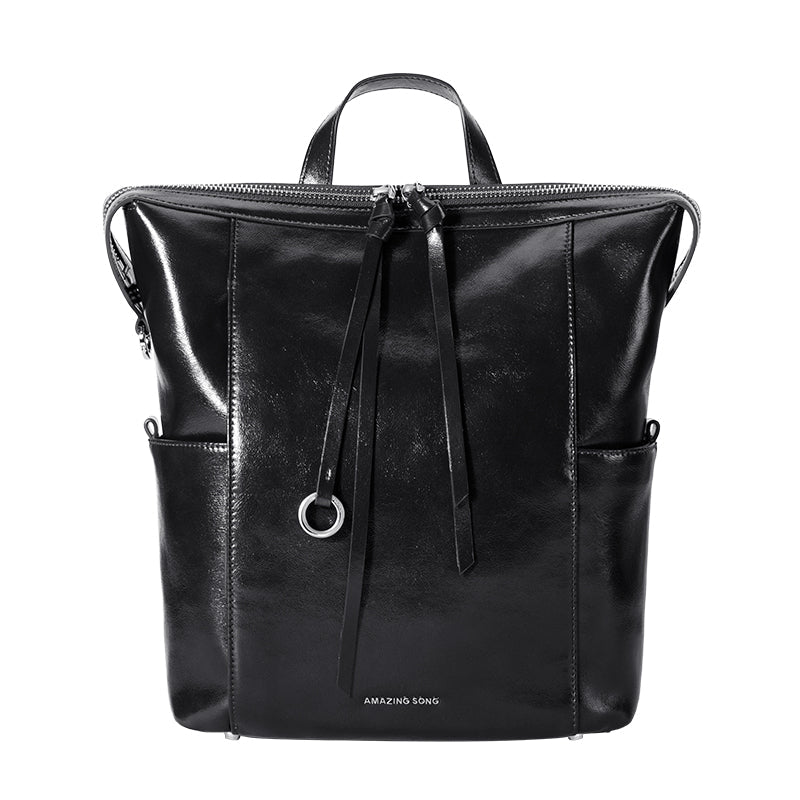 Amazing Song black leather backpack with front zipper and side pockets