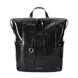 Amazing Song black leather backpack with front zipper and side pockets