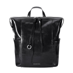 Amazing Song black leather backpack with front zipper and side pockets