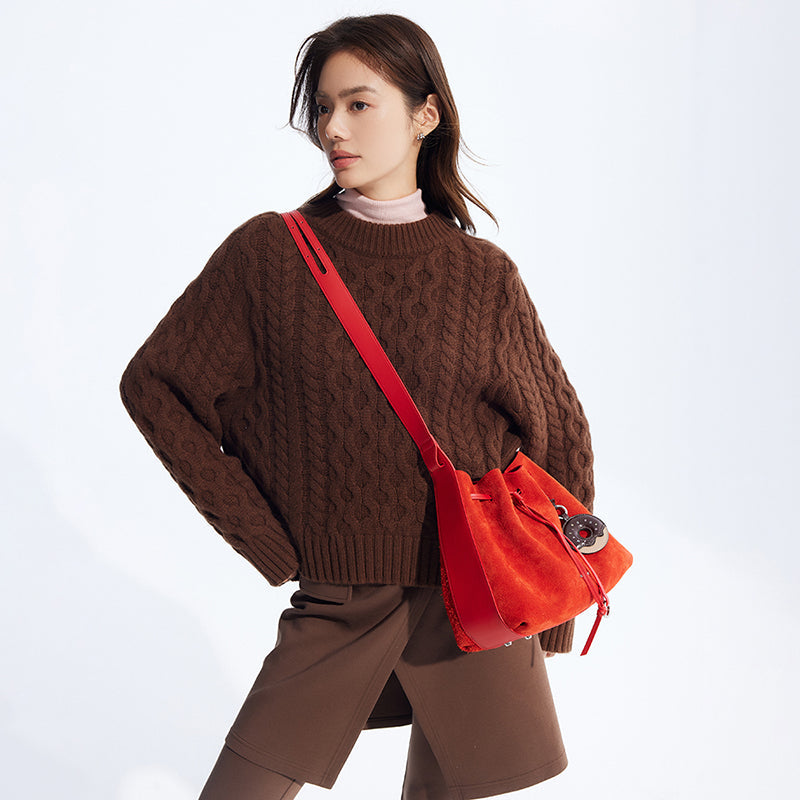 Woman in brown knit sweater with bright red shoulder bag, Amazing Song fashion style