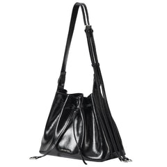 Black leather bucket bag with adjustable strap, Amazing Song branding, product photo