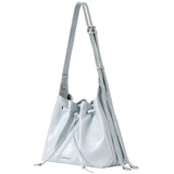 Light blue leather bucket bag with adjustable strap, Amazing Song accessory on white background