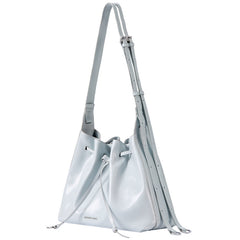 Light blue leather bucket bag with adjustable strap, Amazing Song accessory on white background