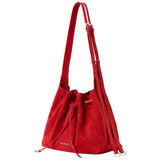 Amazing Song red suede bucket bag with adjustable shoulder strap and silver hardware