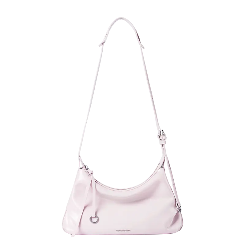 Light pink shoulder bag with silver hardware on white background, Amazing Song branding visible.