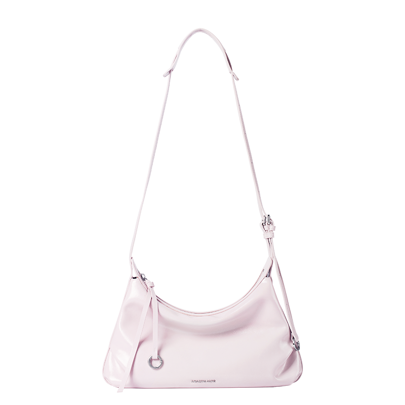 Light pink shoulder bag with silver hardware on white background, Amazing Song branding visible.