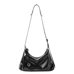 Amazing Song black leather shoulder bag with silver ring detail and adjustable strap