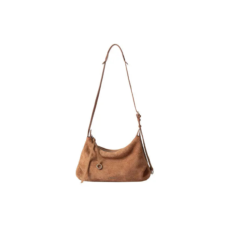 Brown suede shoulder bag with adjustable strap, Amazing Song fashion accessory