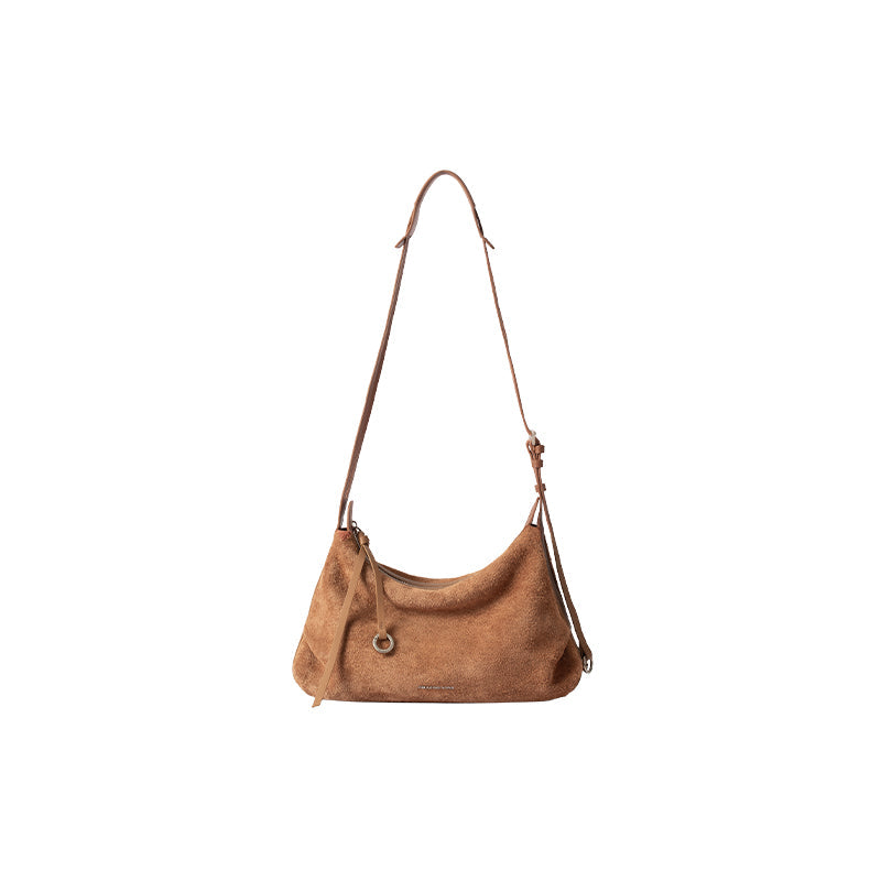 Brown suede shoulder bag with adjustable strap, Amazing Song fashion accessory