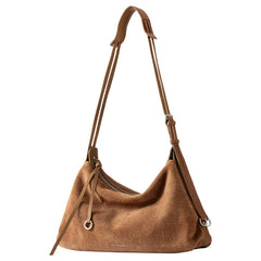Brown suede shoulder bag with adjustable leather strap, Amazing Song official site