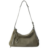 Olive green suede shoulder bag with adjustable strap and Amazing Song logo, minimalist style.