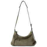Amazing Song olive green suede shoulder bag with adjustable strap on white background