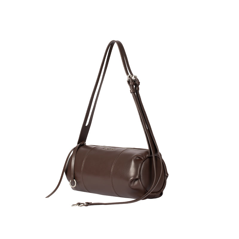 Brown cylinder-shaped leather shoulder bag with adjustable strap, Amazing Song official site