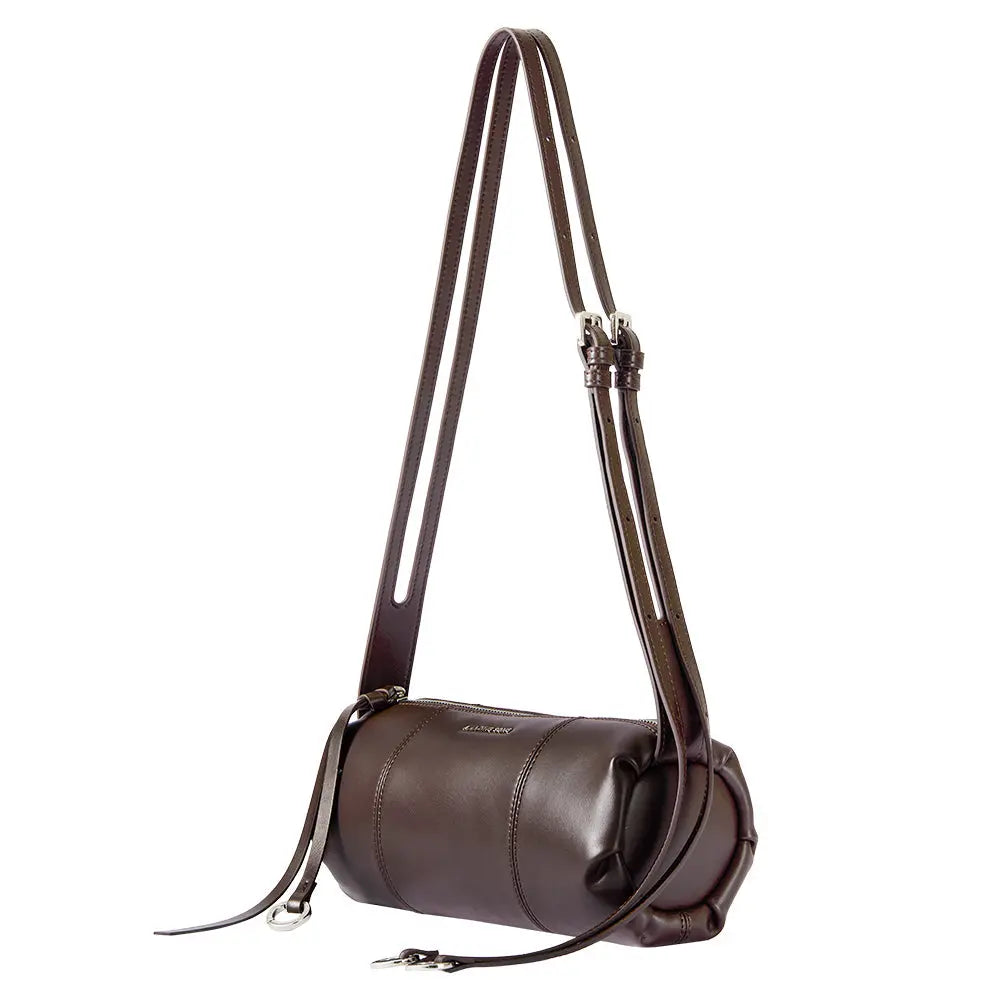 Amazing Song dark brown leather cylinder shoulder bag with adjustable double straps