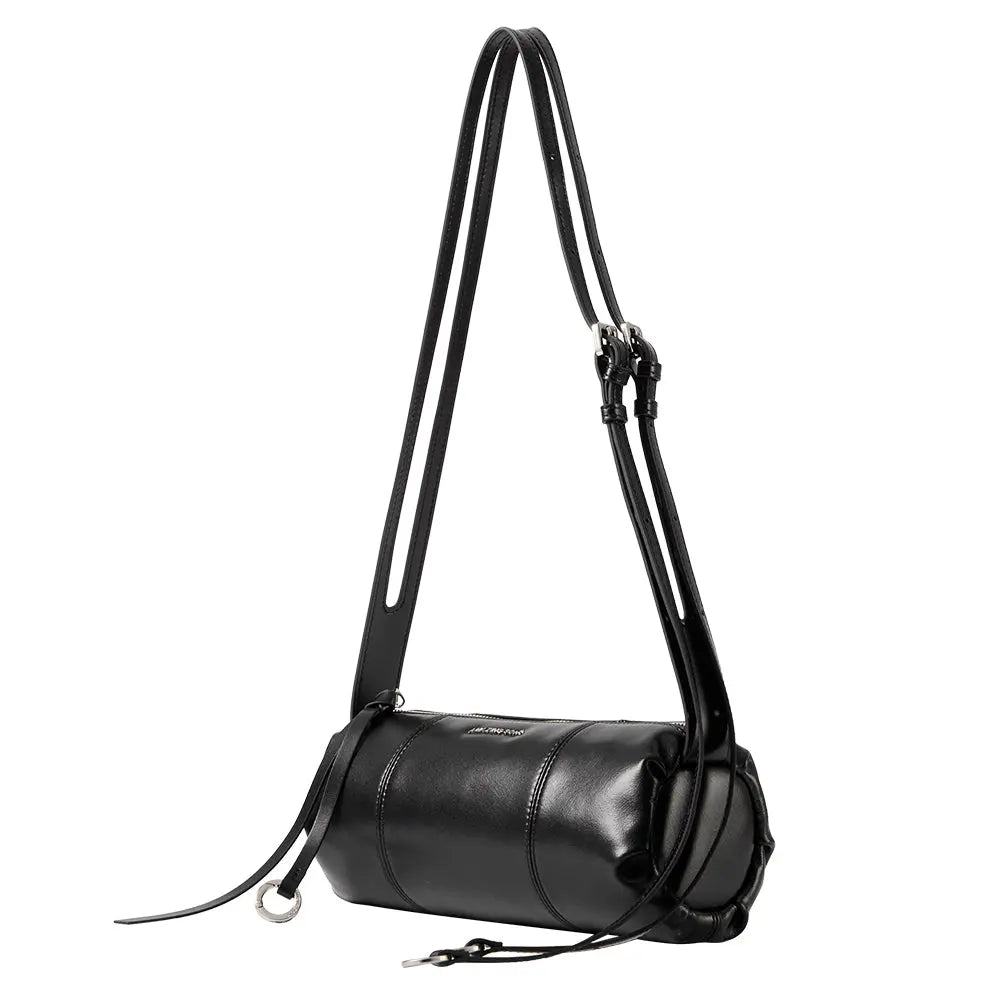 Sleek black leather shoulder bag with long adjustable strap, Amazing Song accessory