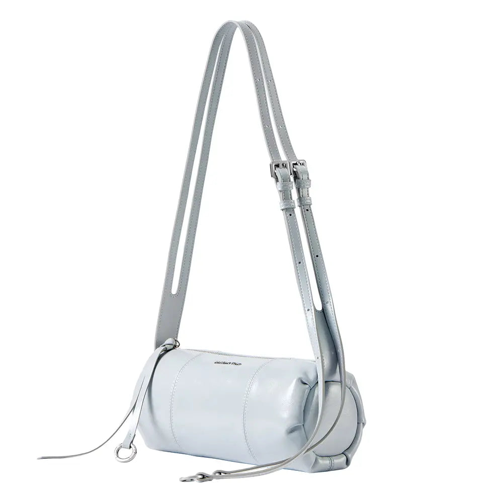 Light blue cylindrical leather shoulder bag with adjustable strap, Amazing Song accessory