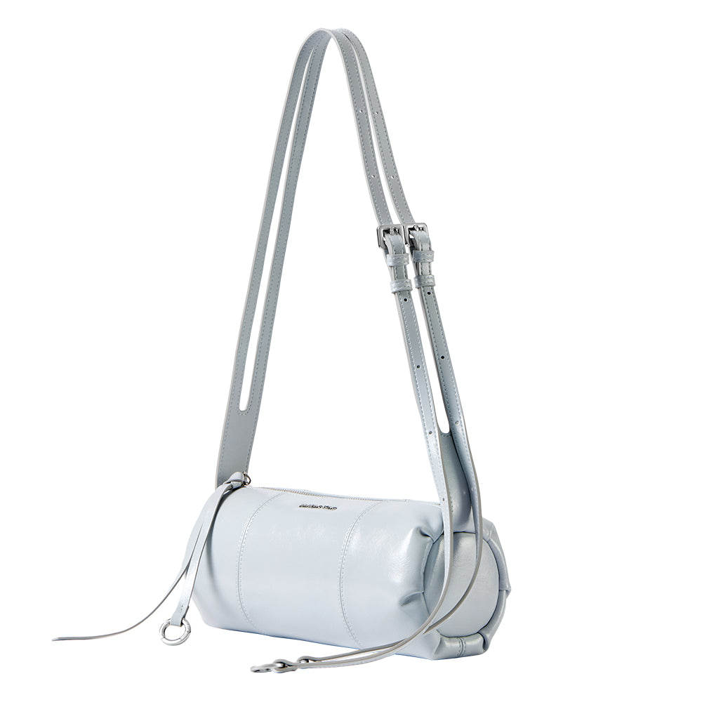 Light blue cylindrical leather shoulder bag with adjustable strap, Amazing Song accessory