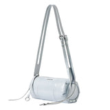 Light blue cylindrical leather shoulder bag with adjustable strap, Amazing Song accessory