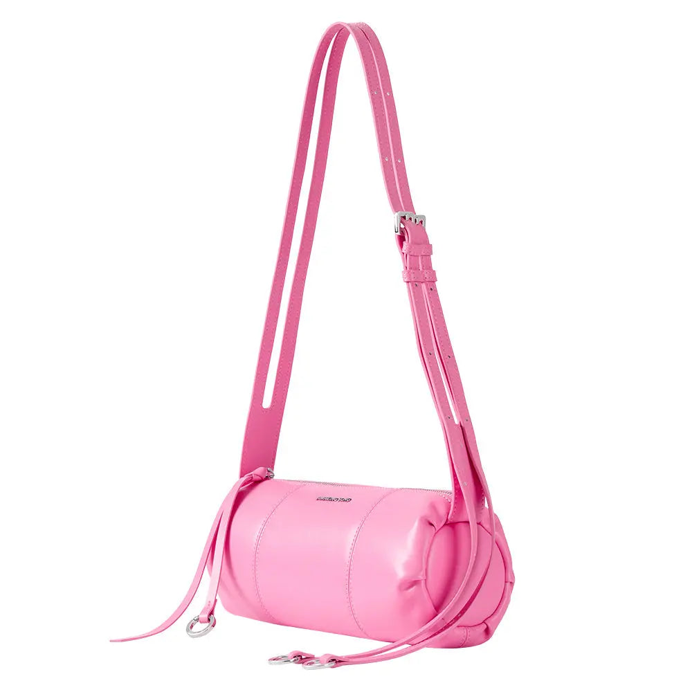Pink cylindrical crossbody handbag with adjustable strap, Amazing Song official style