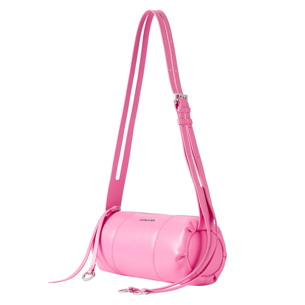 Pink cylindrical crossbody handbag with adjustable strap, Amazing Song official style