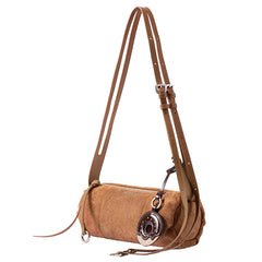 Brown suede shoulder bag with double leather straps and metallic charm, Amazing Song