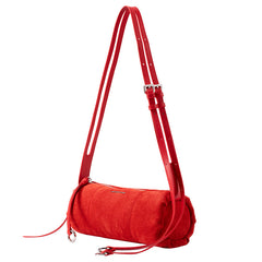 Amazing Song red suede cylinder shoulder bag with adjustable strap