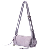 Light purple suede cylinder shoulder bag with adjustable leather strap, Amazing Song brand