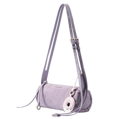 Light purple cylindrical shoulder bag with leather strap and silver buckle, Amazing Song
