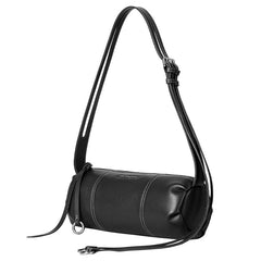 Amazing Song black leather shoulder bag with white stitching and adjustable strap