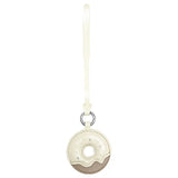 Cream and beige donut-shaped Amazing Song leather keychain with strap on white background