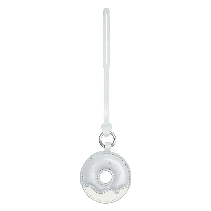 Light grey donut-shaped keychain with strap on white background, Amazing Song accessory.