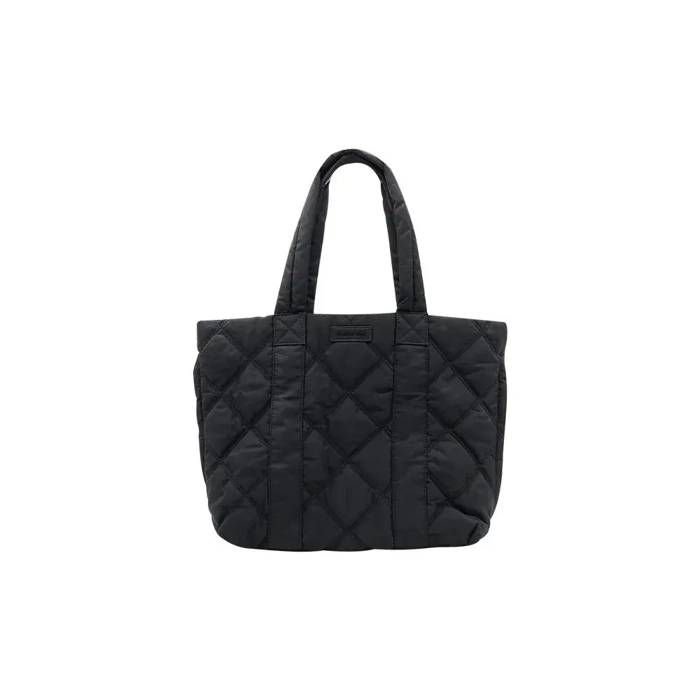 Black quilted tote bag with double handles, product photo on Amazing Song official website