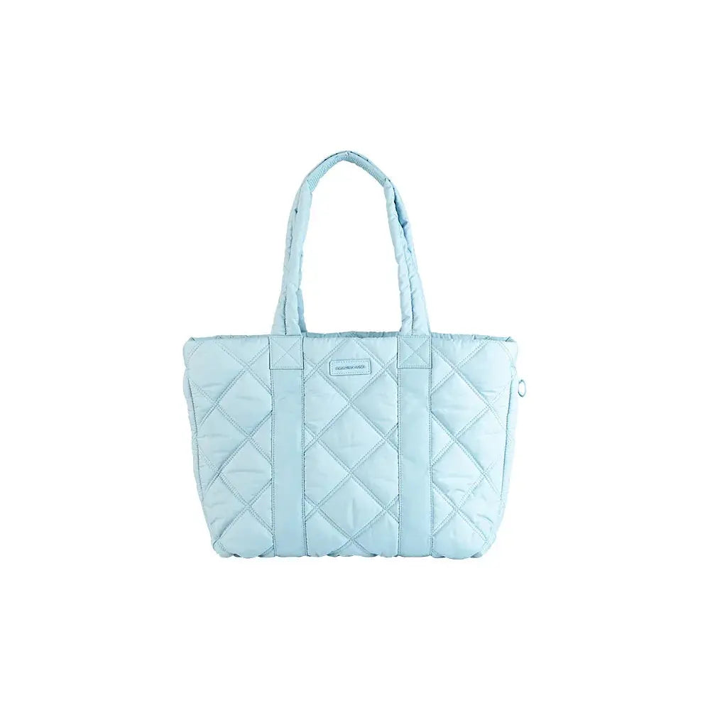 Light blue quilted tote bag with handles, Amazing Song brand, on white background