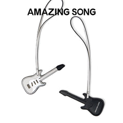 Amazing Song guitar-shaped bag charms in black and white on a white background