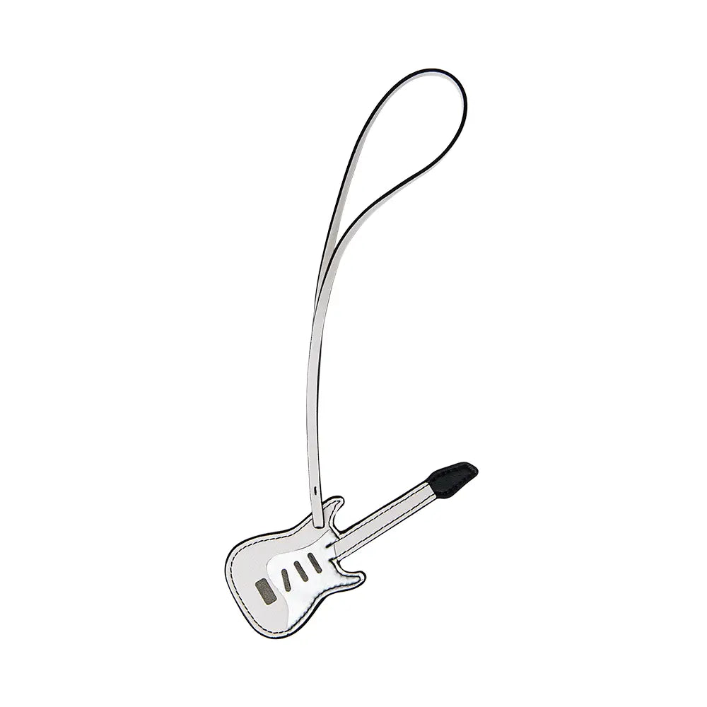 Guitar-shaped leather luggage tag on white background, Amazing Song official product.