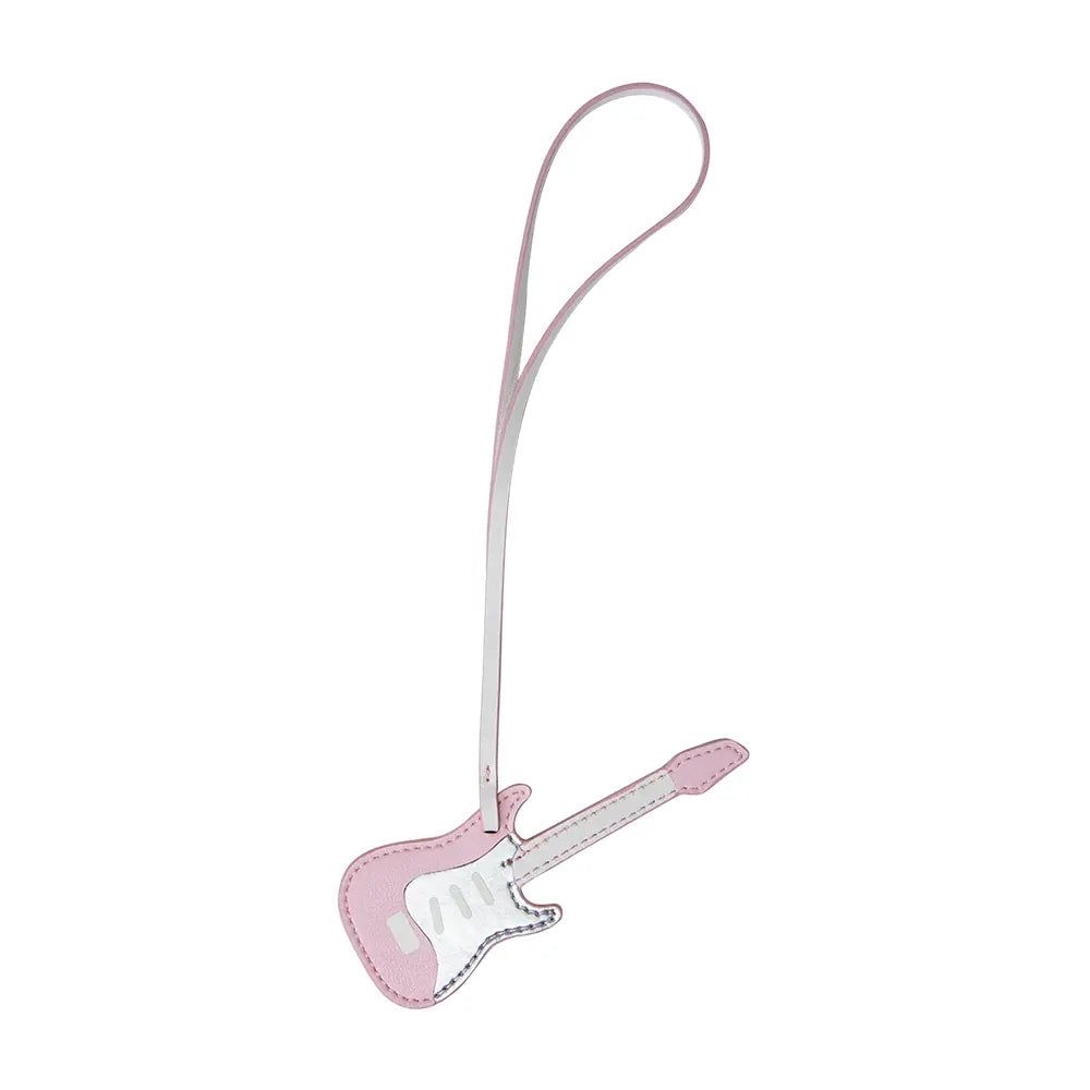 Pink guitar-shaped leather keychain accessory on white background, Amazing Song store