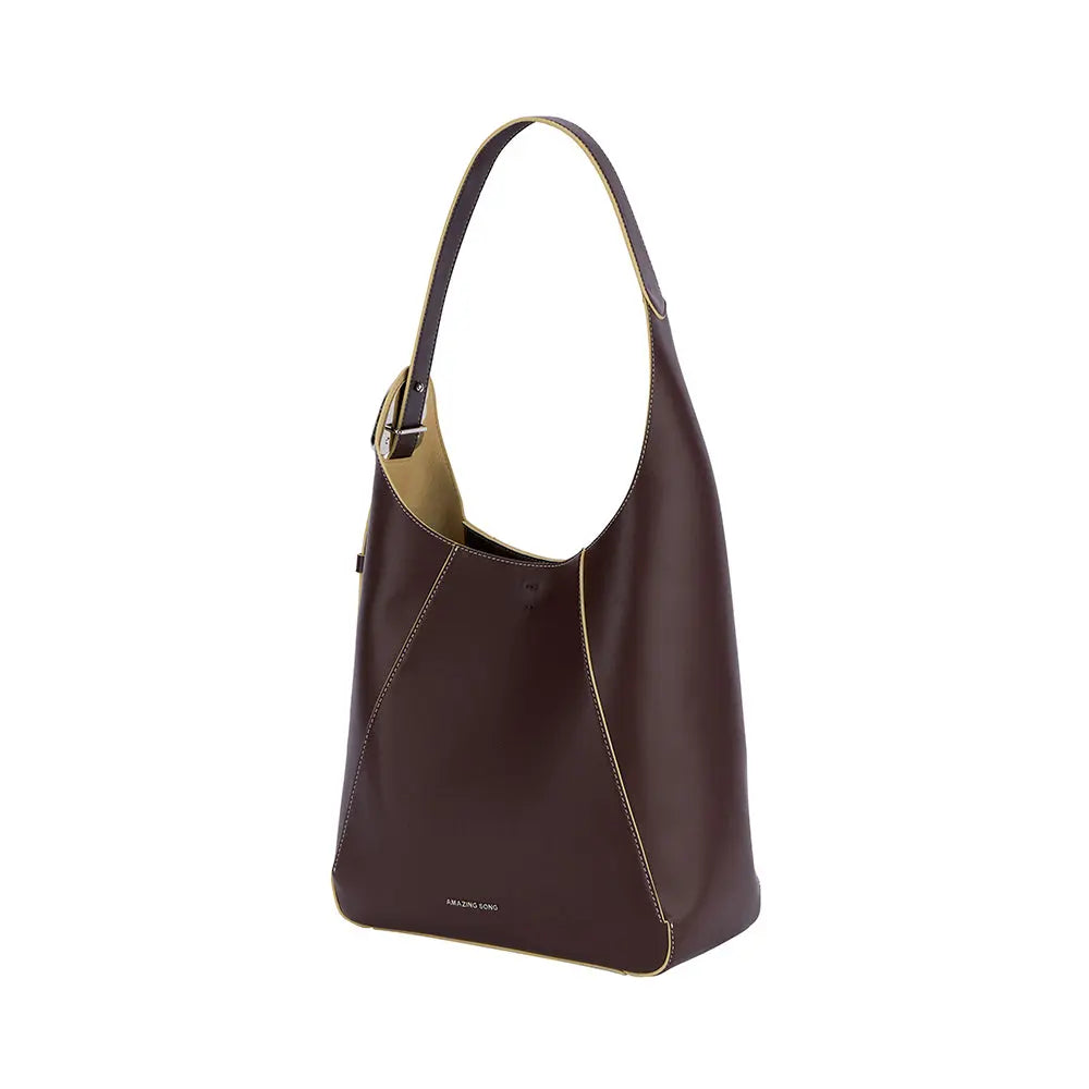 Amazing Song brown leather shoulder bag with yellow trim, modern minimalist design