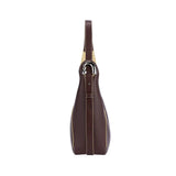 Side view of brown leather handbag with metallic detail, Amazing Song official website