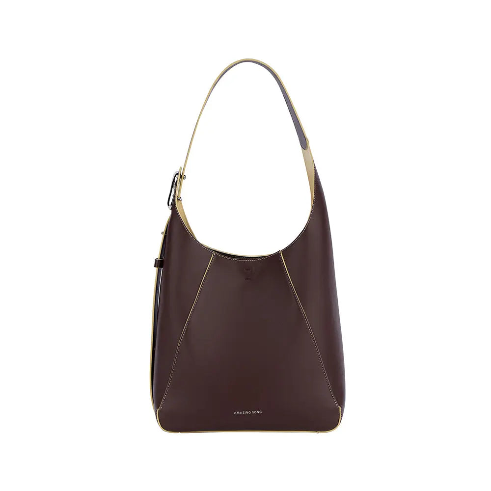 Amazing Song brown leather shoulder bag with beige trim on white background