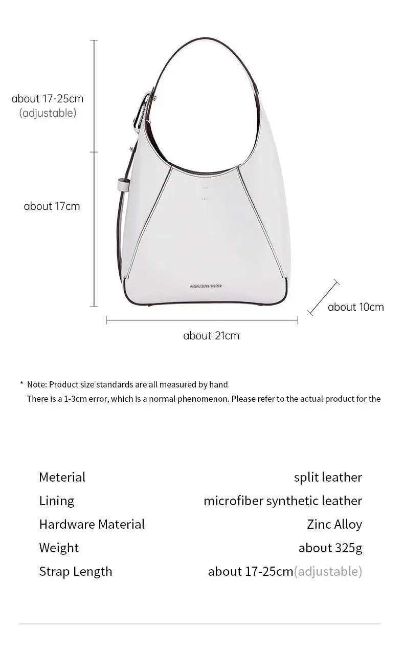 White split leather handbag with dimensions and material details from Amazing Song official website.