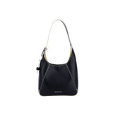 Amazing Song black leather handbag with white stitching on white background