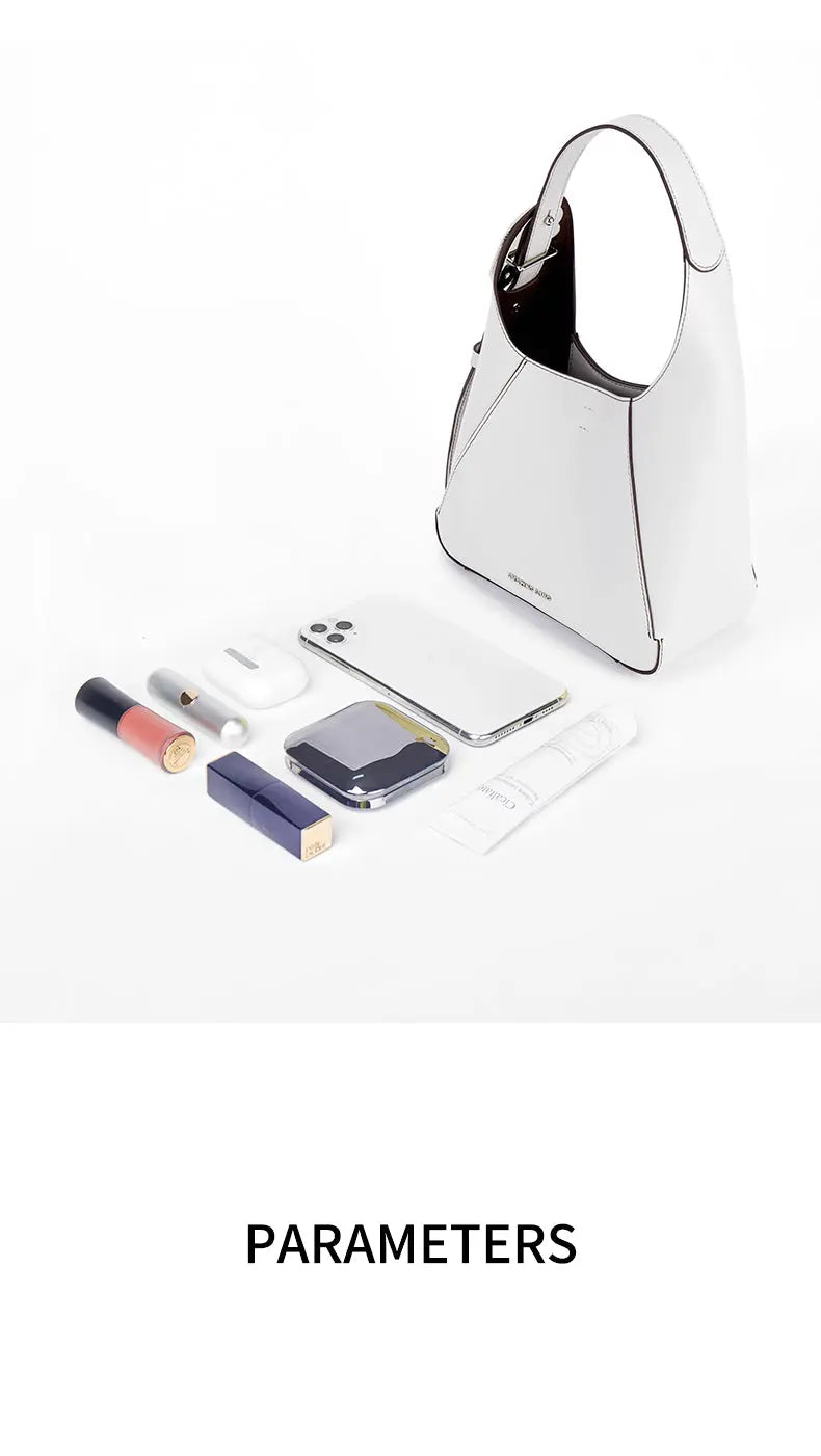 White handbag with phone, cosmetics, and accessories on white background, Amazing Song official site