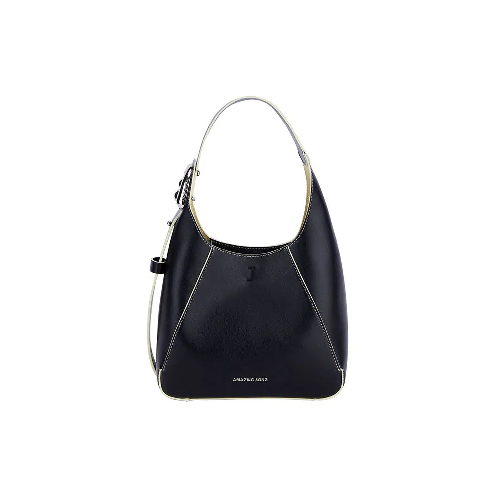 Amazing Song black leather handbag with white stitching and curved handle on white background