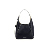 Amazing Song black leather handbag with white stitching and curved handle on white background