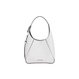 Amazing Song white leather handbag with top handle, minimalist design on white background