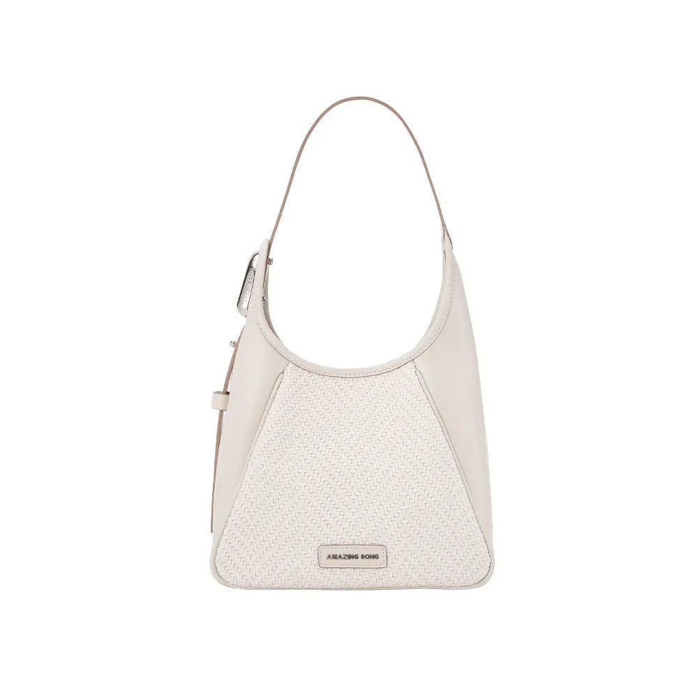 Cream woven leather handbag with Amazing Song logo, elegant designer accessory