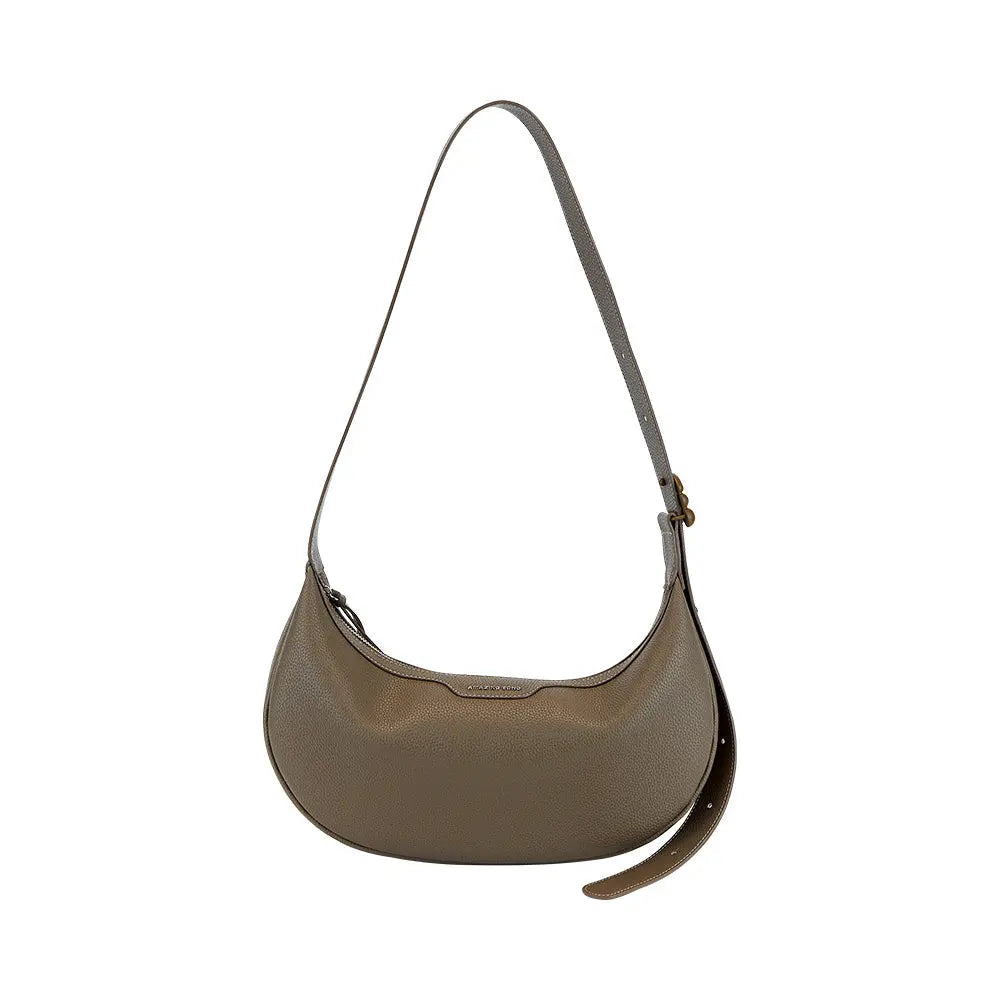 Taupe leather shoulder bag with adjustable strap, featured on Amazing Song official website