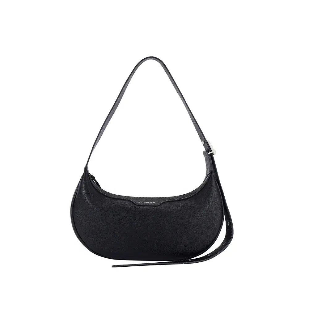 Amazing Song black crescent shoulder bag with adjustable strap on white background