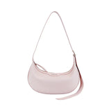 Light pink leather shoulder bag with adjustable strap on white background