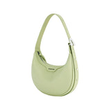 Light green crescent shoulder bag with zipper, Amazing Song logo on front, white buckle accent